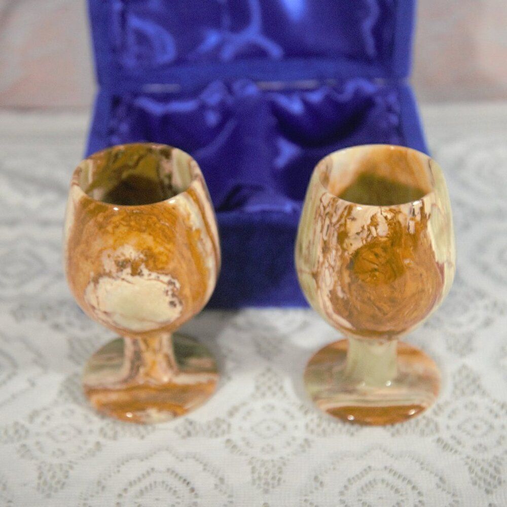 Marble Goblets Set of Two with Blue Velvet and Silky Storage Case